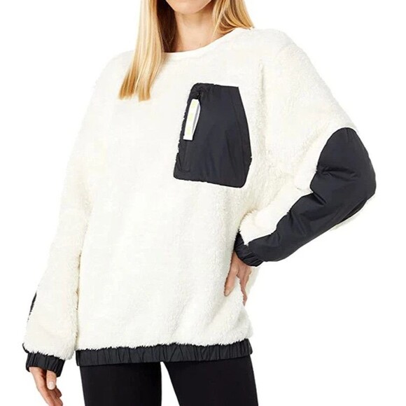UGG Women's Niko Sherpa Sweatshirt Medium Cream Black Cozy Pullover Crewneck - Picture 2 of 12